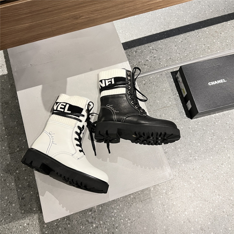 Ch**el white knit leather lace-up boots