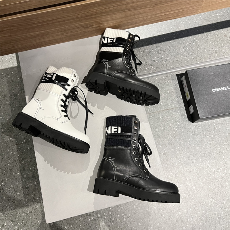 Ch**el white black knit leather lace-up boots