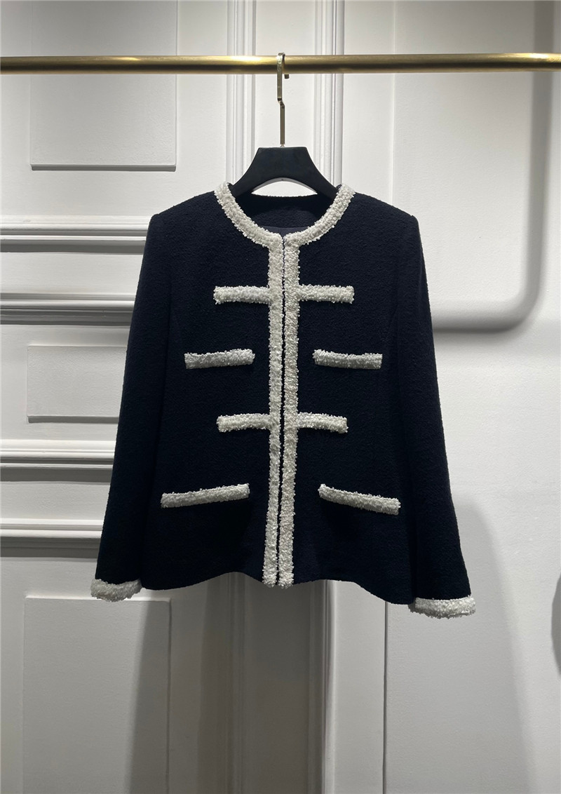 Ch**el navy blue tweed piping color block jacket