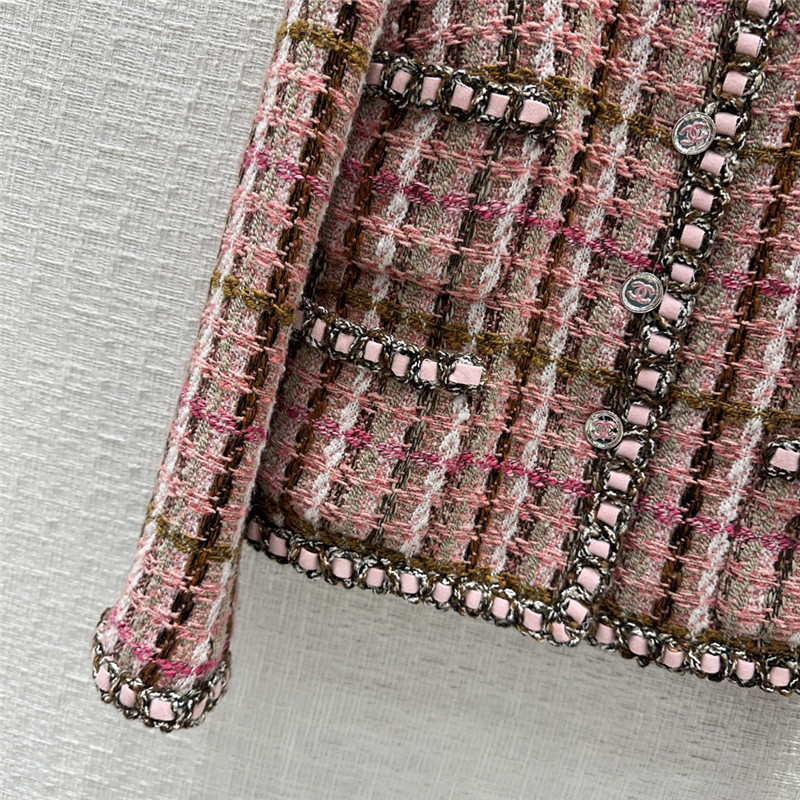 Ch**el pink and brown plaid tweed jacket