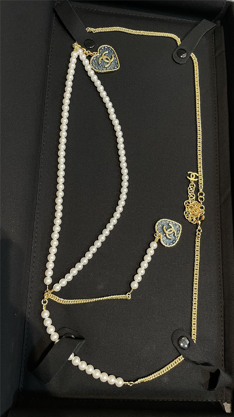 Ch**el imitation denim double c love pearl waist chain