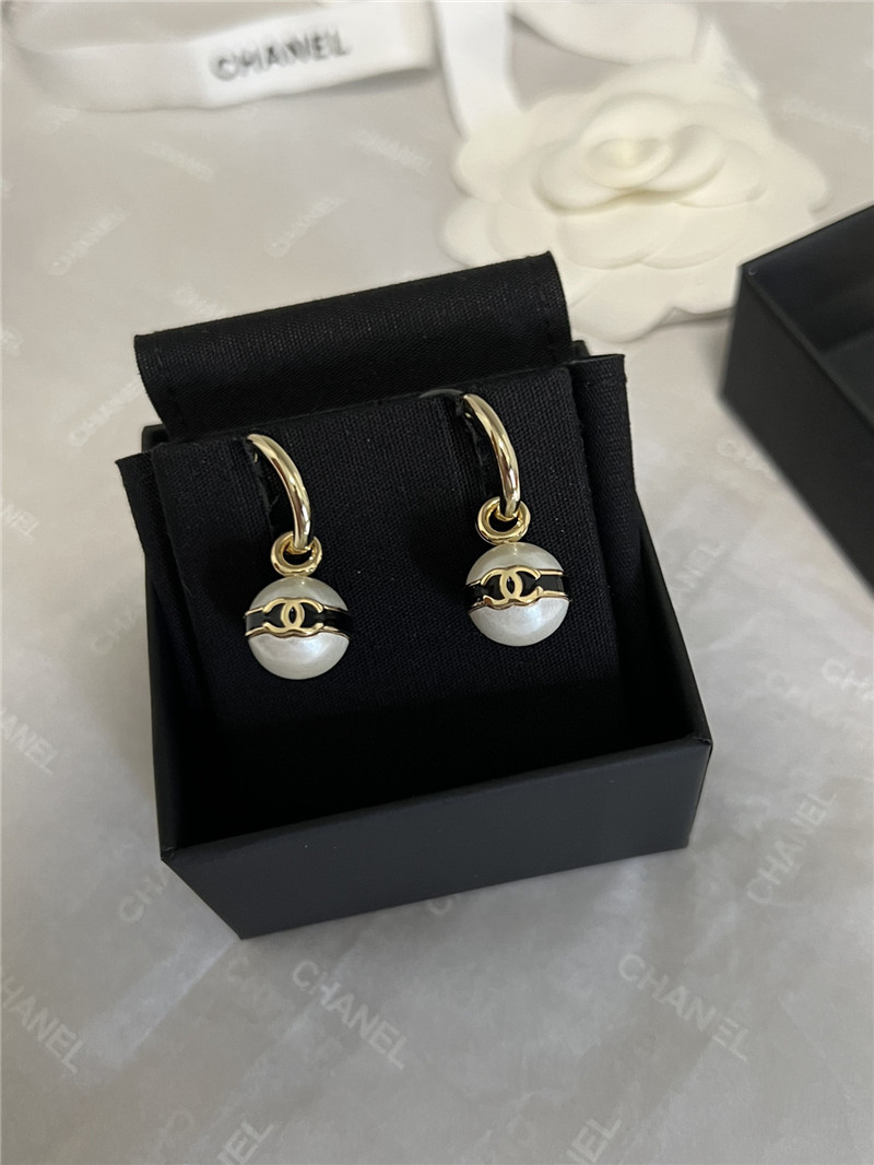 Ch**el pearl bean black enamel double c earrings