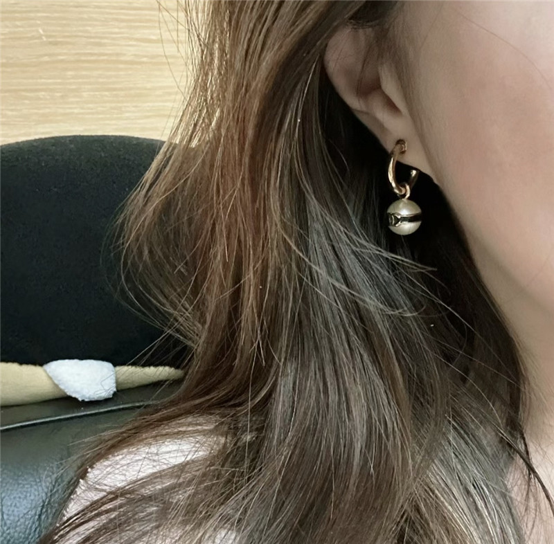 Ch**el pearl bean black enamel double c earrings