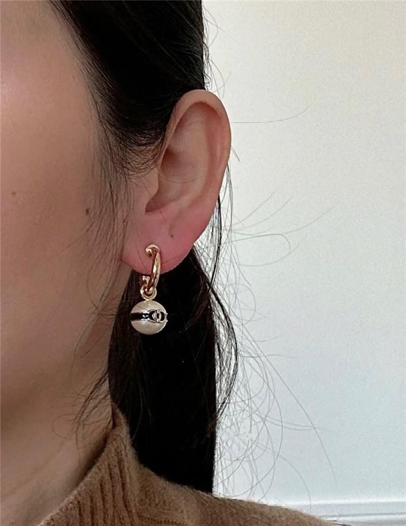 Ch**el pearl bean black enamel double c earrings