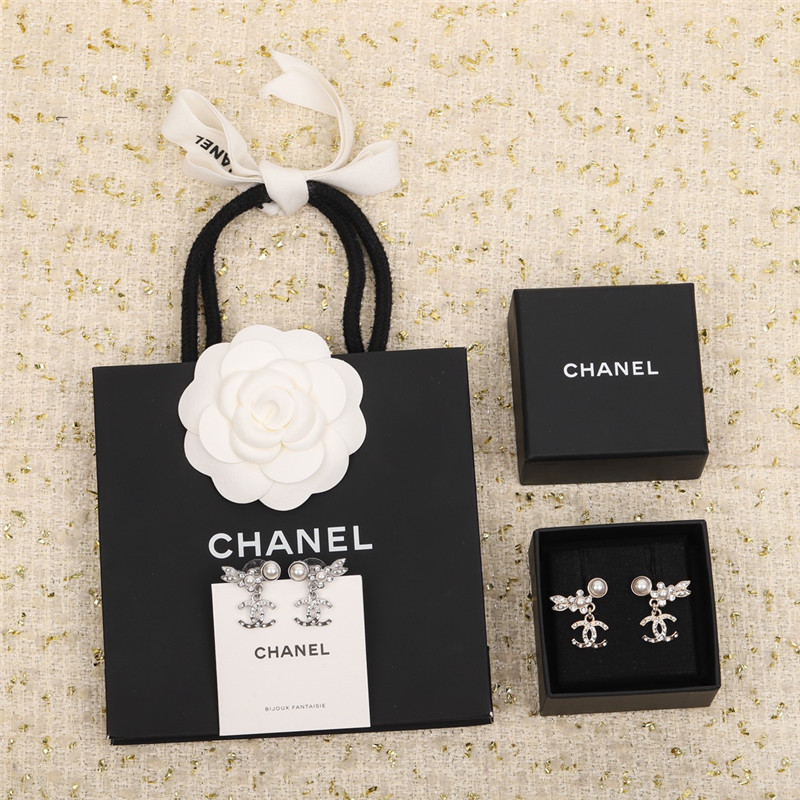Ch**el small flower leaf hanging double c earrings