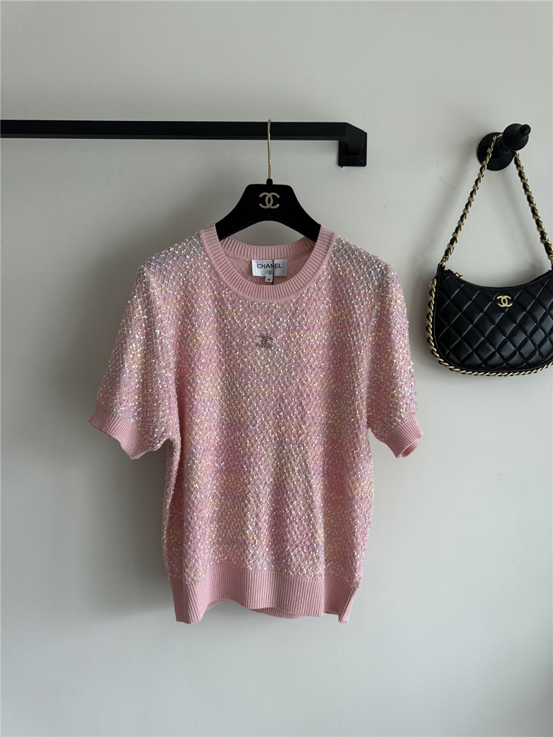 Ch**el new bling beads embellished short-sleeved replica clothing