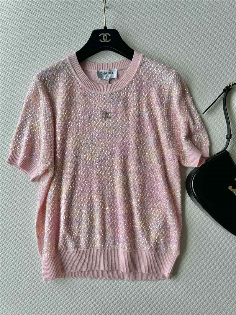 Ch**el new bling beads embellished short-sleeved replica clothing