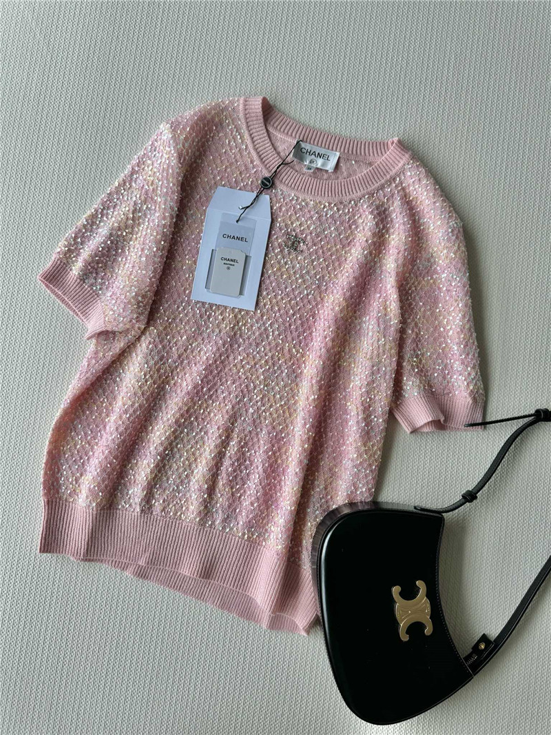 Ch**el new bling beads embellished short-sleeved replica clothing