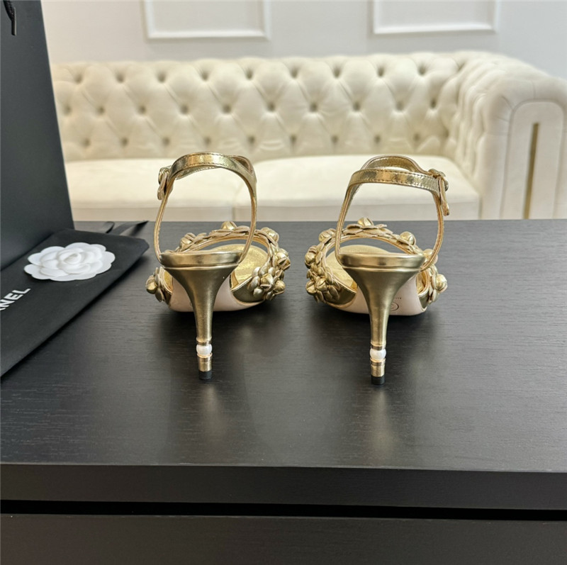 Ch**el camellia strap high heel sandals gold