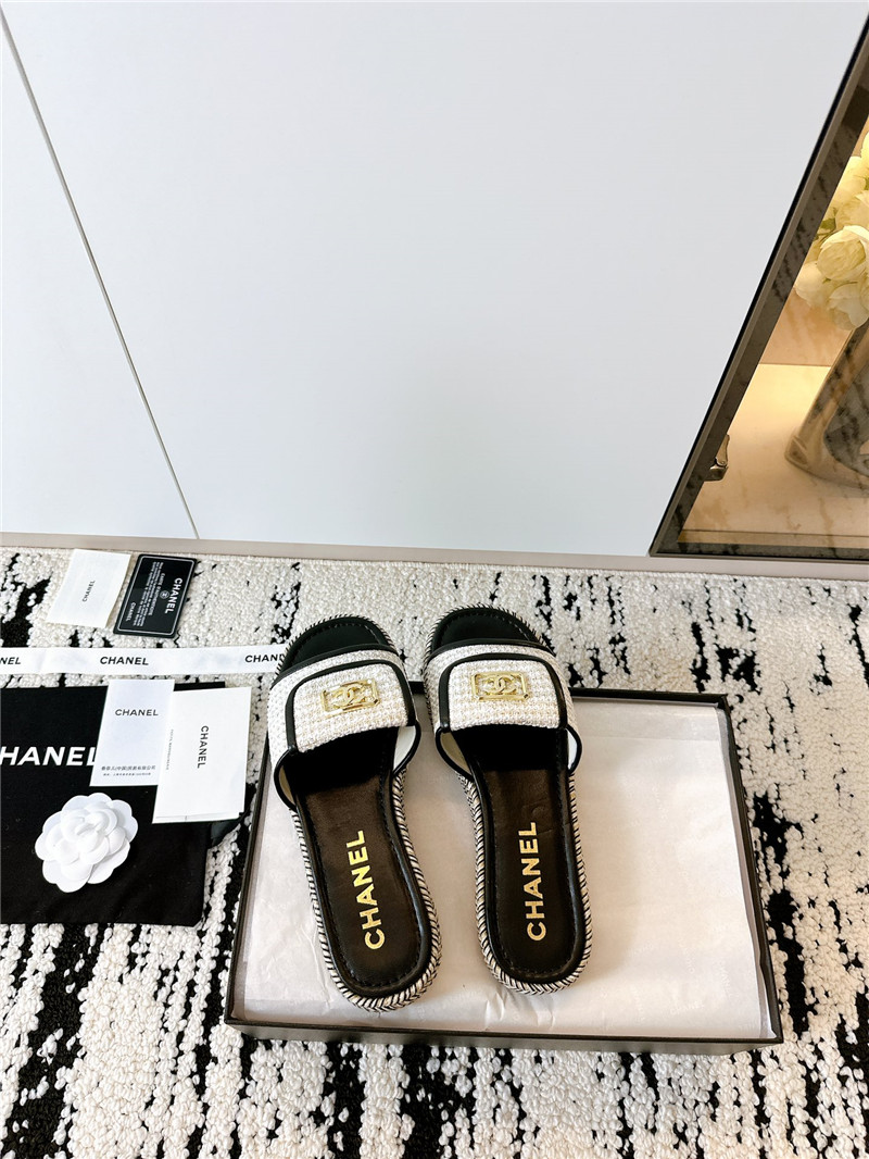 Ch**el tweed black calfskin slippers