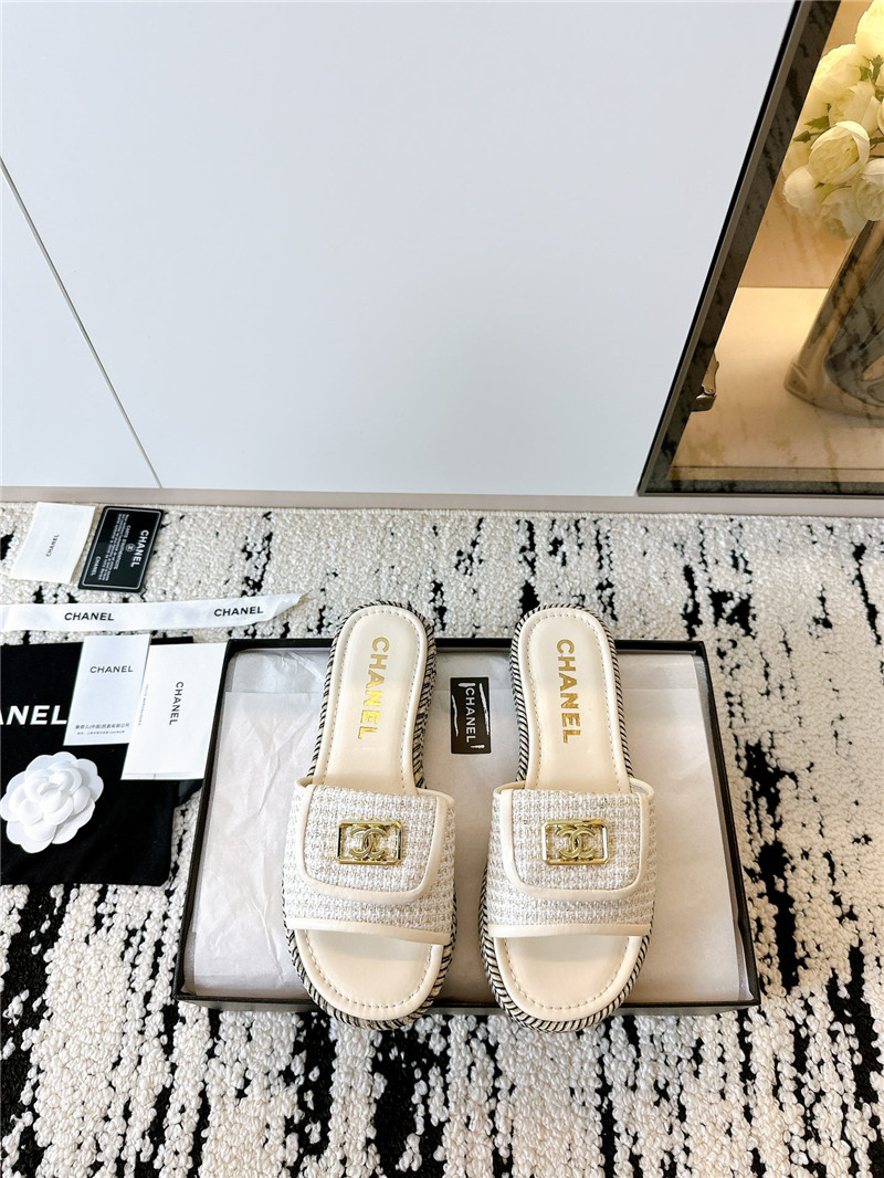 Ch**el tweed white calfskin slippers