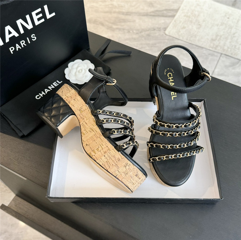 Ch**el leather chain platform sandals black