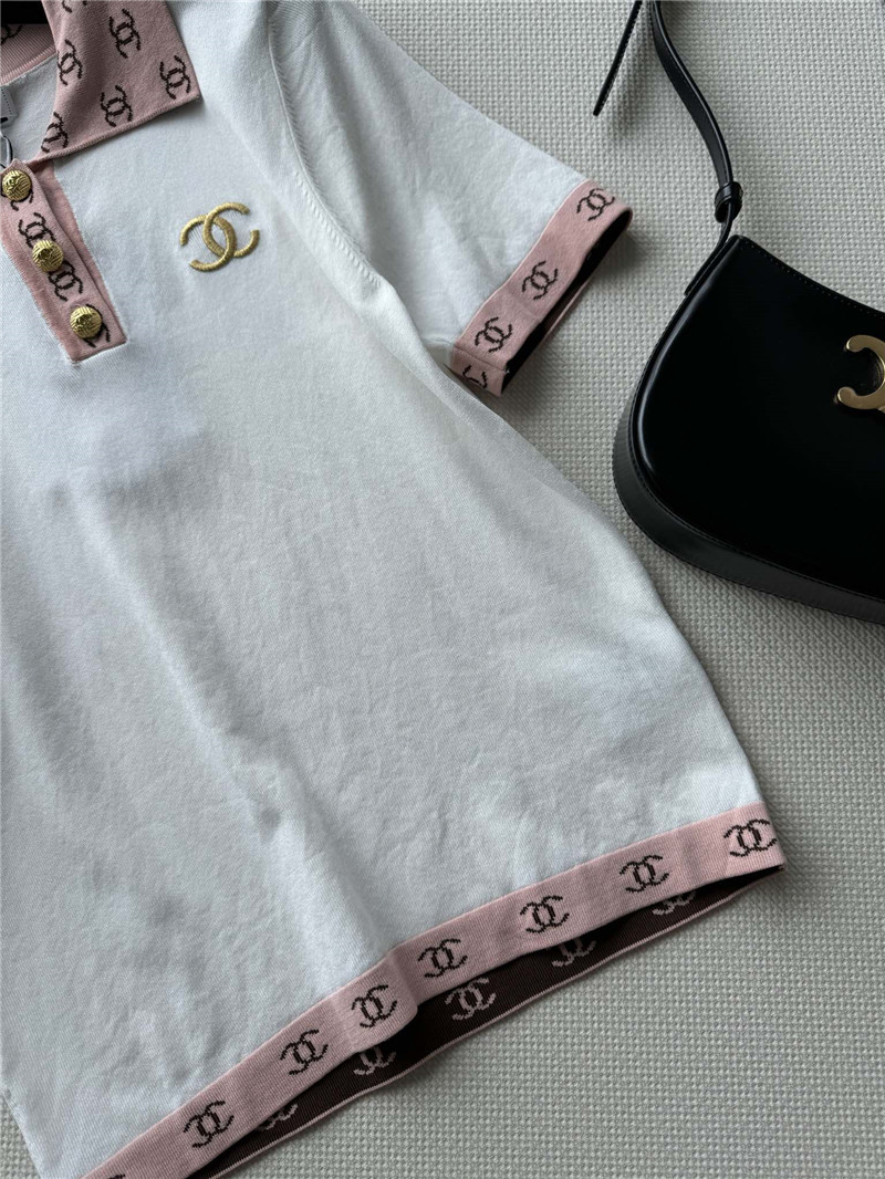 Ch**el contrast color lapel knitted short sleeves replica clothes