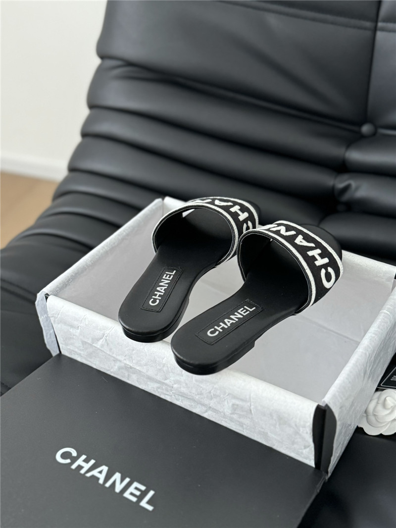 Ch**el woven embroidered logo letter slippers black white