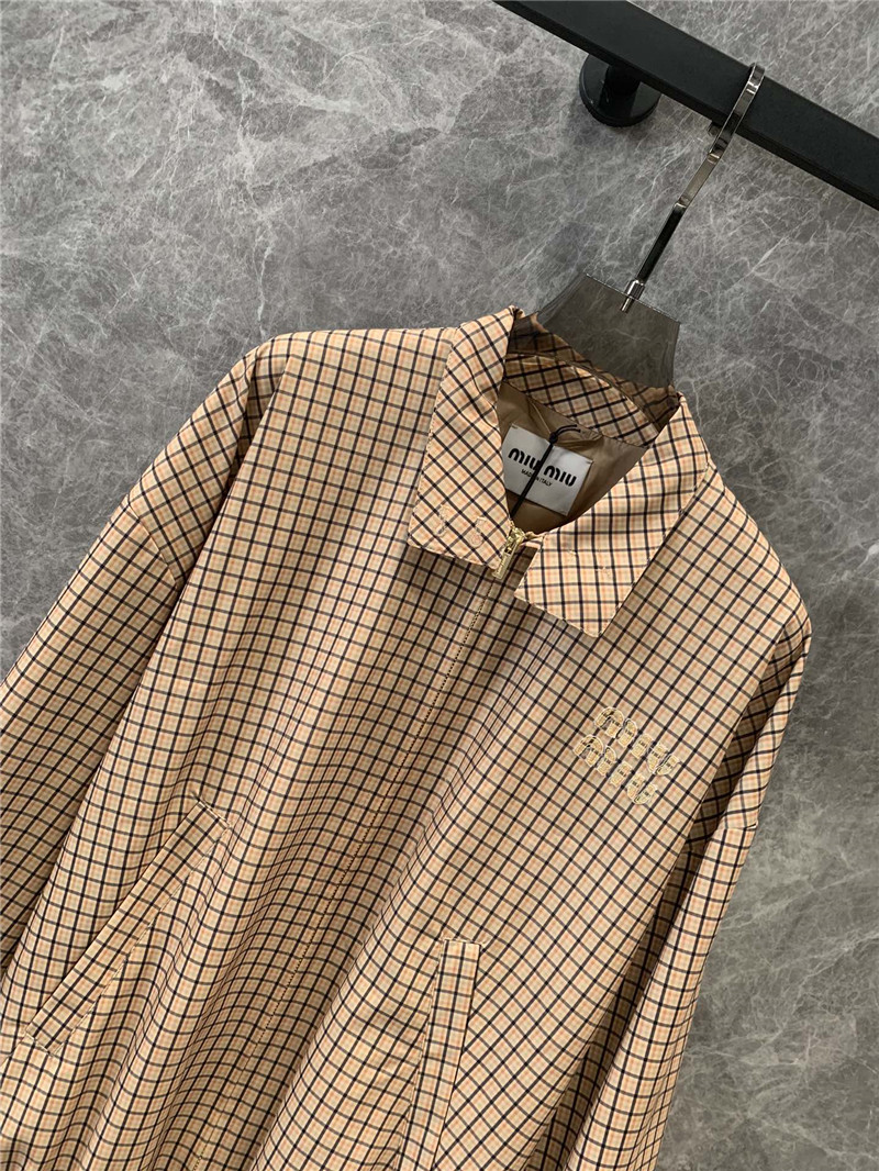 M1um1u contrast color plaid stand collar zipper jacket replicas clothes