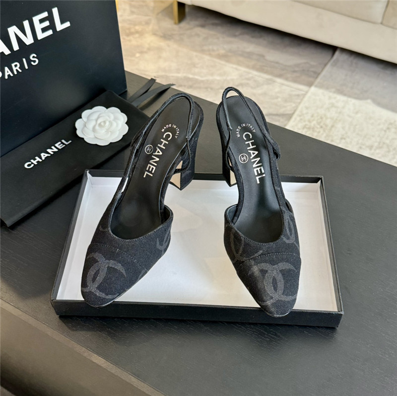 Ch**el slingback sandals in black printed denim
