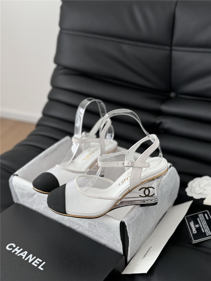 Ch**el white mesh cap-toe ankle wedge sandal