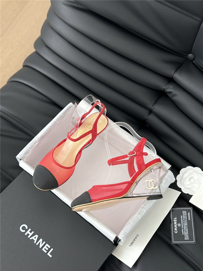 Ch**el red mesh cap-toe ankle wedge sandal
