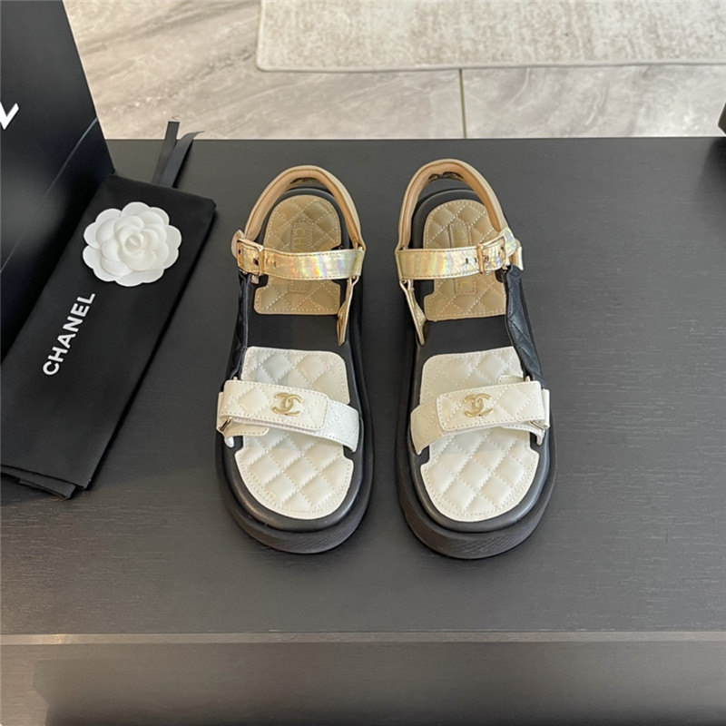 Ch**el quilted beach sandals black and beige leather