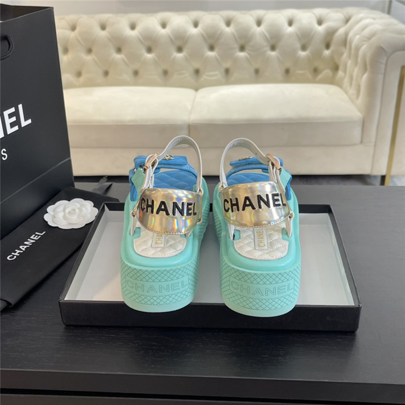 Ch**el quilted beach sandals green and blue leather
