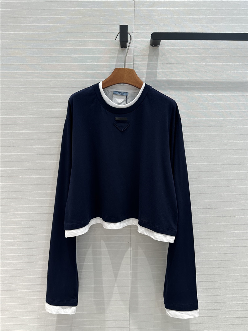 Pra*a contrast color patchwork long sleeve t replicas clothes
