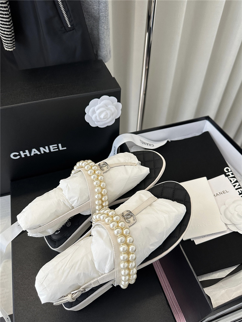 Ch**el quilted t-strap pearls flat sandals black