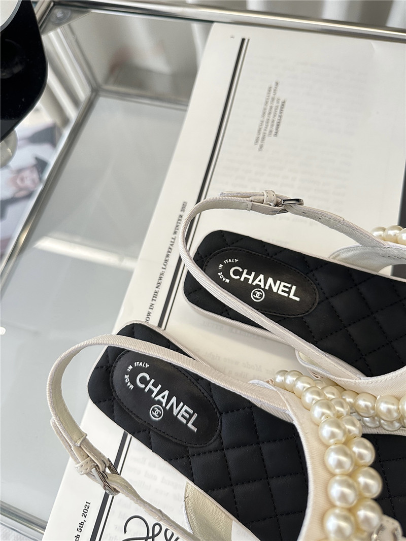 Ch**el quilted t-strap pearls flat sandals black