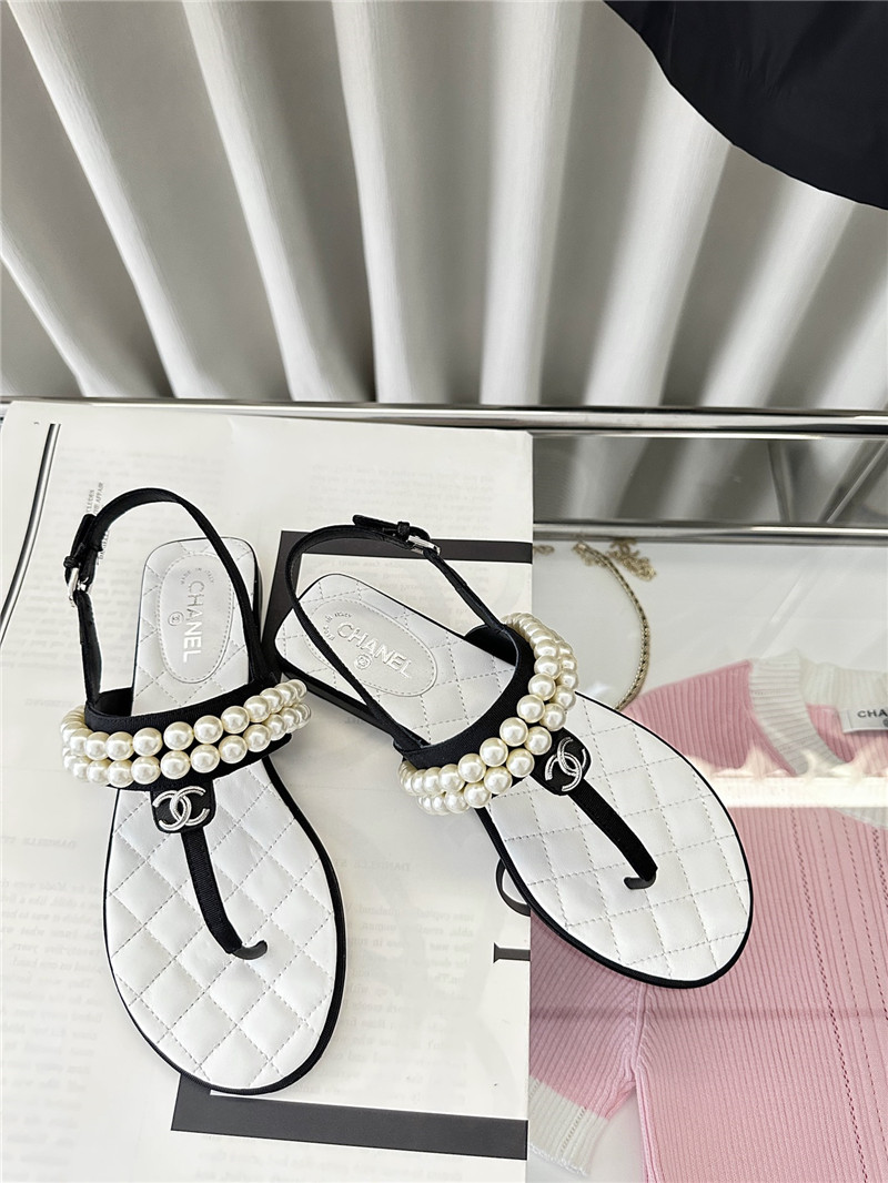 Ch**el quilted t-strap pearls flat sandals white
