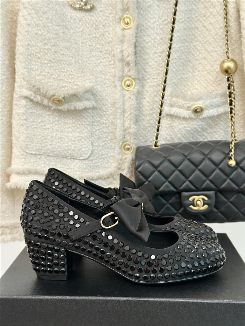 Ch**el bow mary jane sandals in black satin and studs