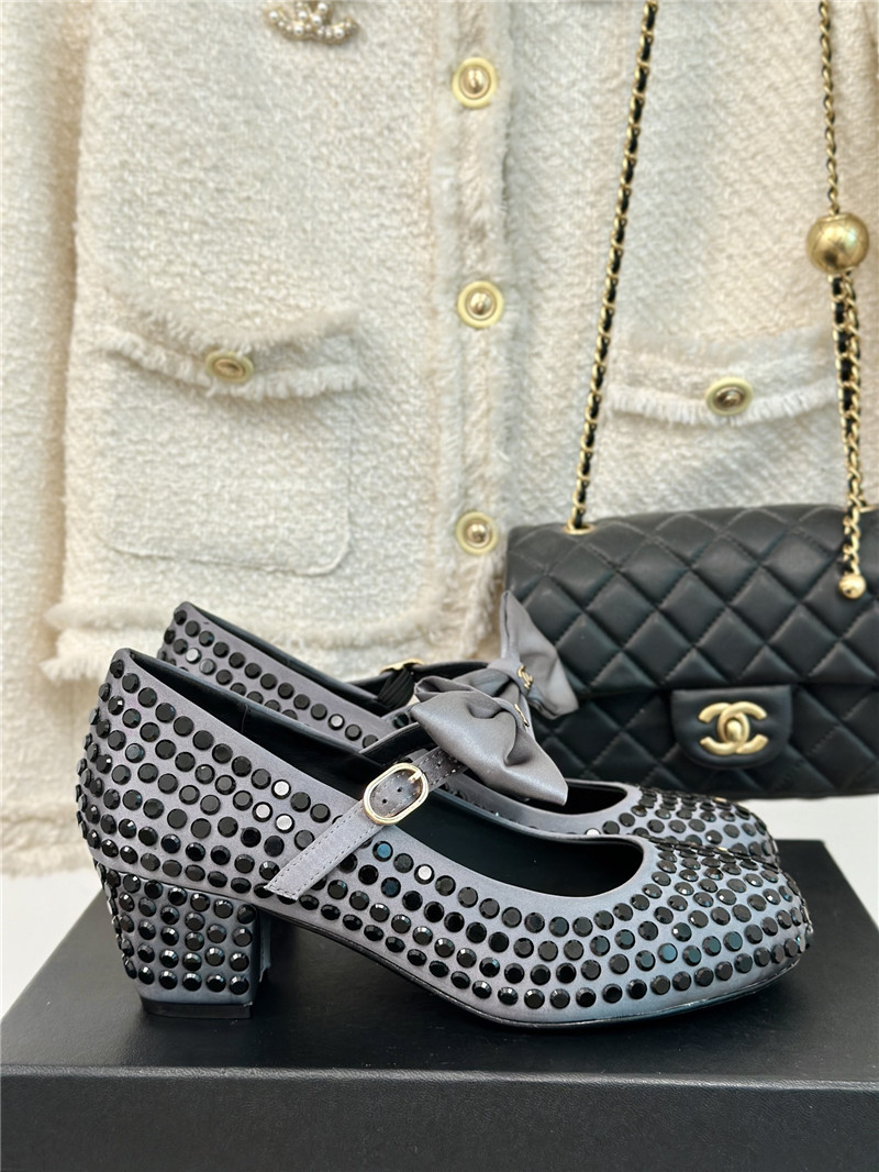 Ch**el bow mary jane sandals grey satin with studs