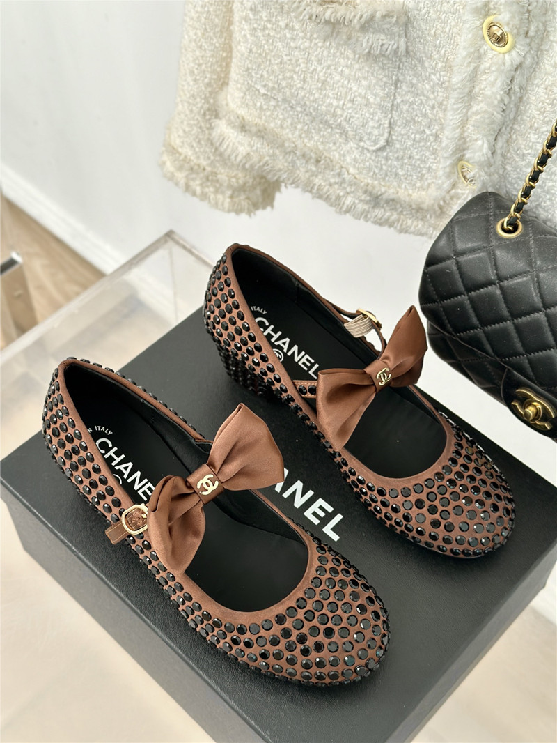 Ch**el bow mary jane sandals brown satin with studs