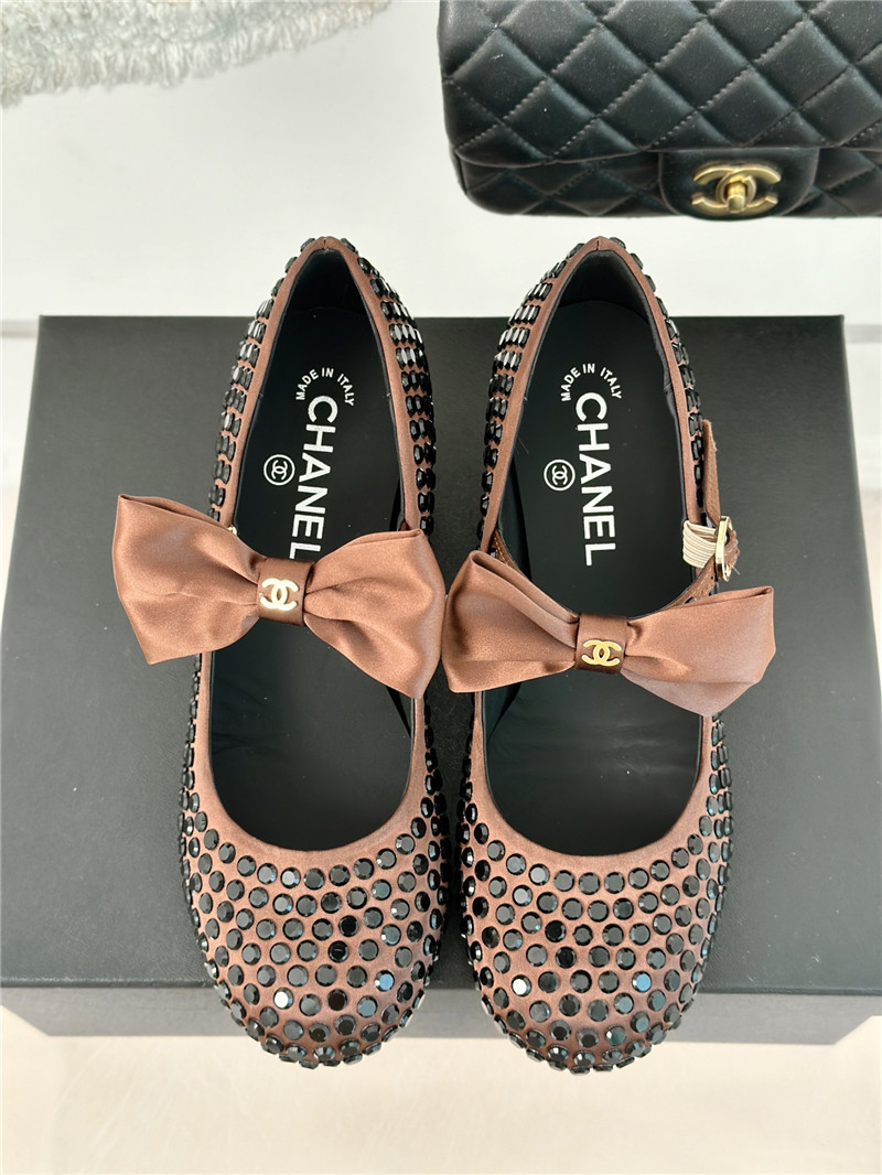 Ch**el bow mary jane sandals brown satin with studs