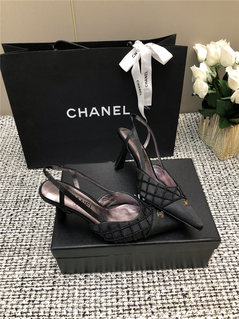 Ch**el black satin beaded slingback pumps