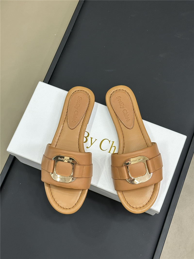 Chloé Buckle Strap Slides in Beige Calfskin
