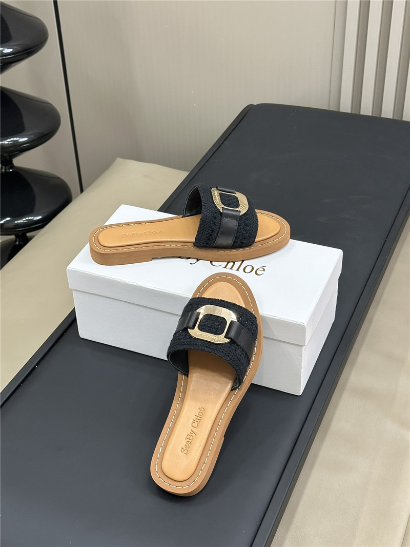 Chloé Crochet Buckle Slides in Black and Beige