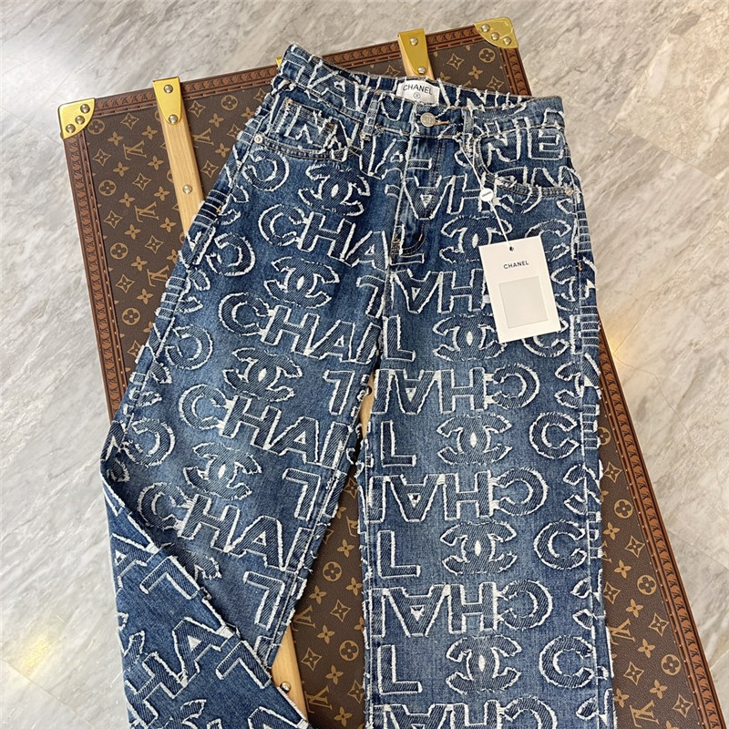 Ch**el patch lettering denim trousers replica clothing