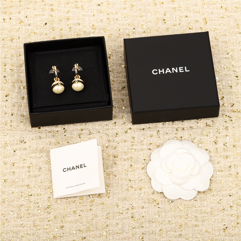 Ch**el pearl bean black enamel double c earrings