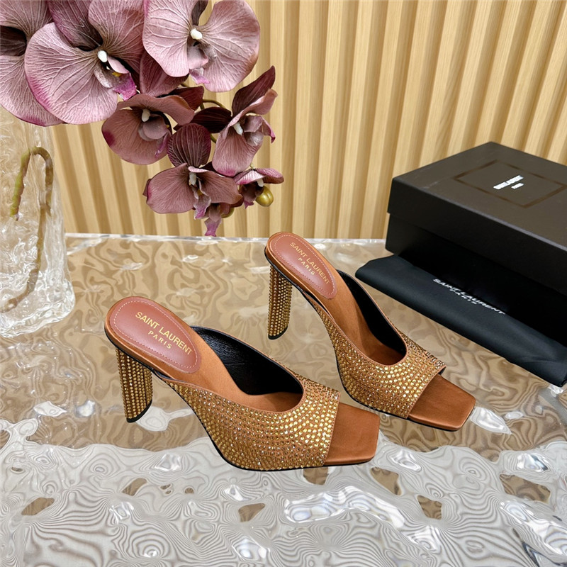 Sa1nt Lau*nt sept satin mules in  noisette satin and rhinestones