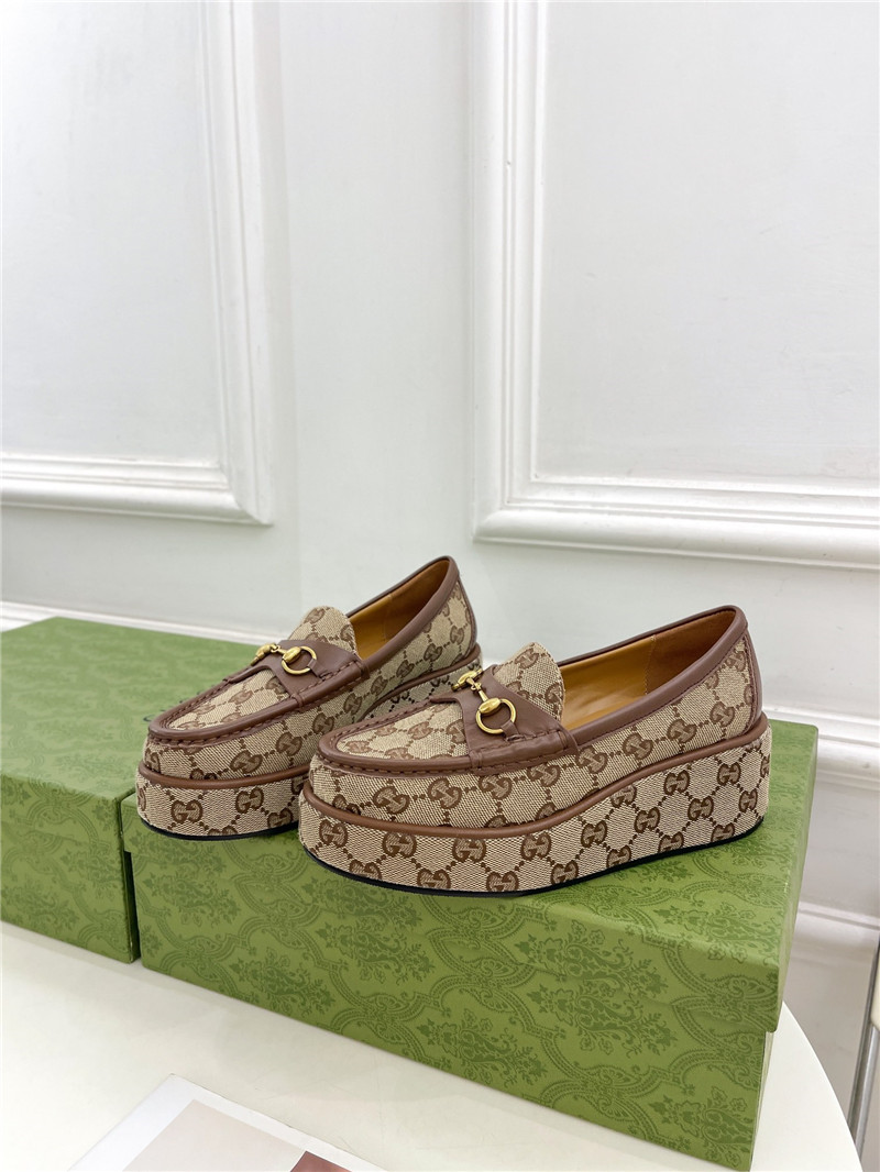 Gvc*1 horsebit wedge loafer in beige and ebony gg canvas