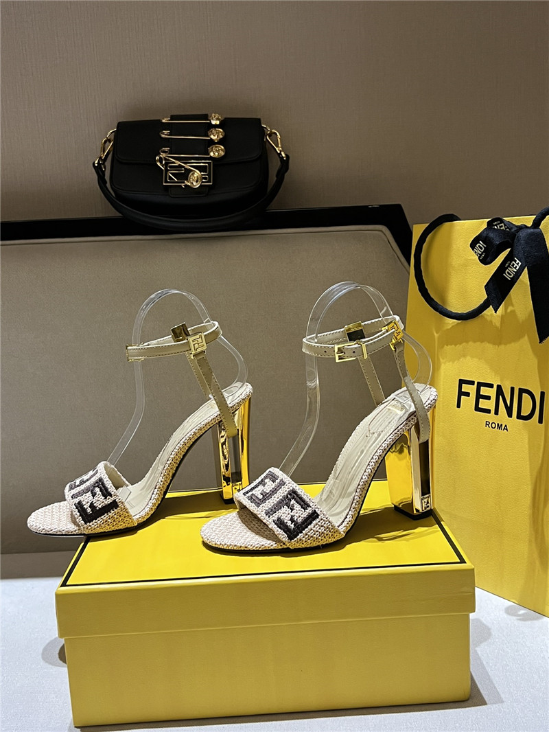 F**di delfina beige cotton fiber heel sandals