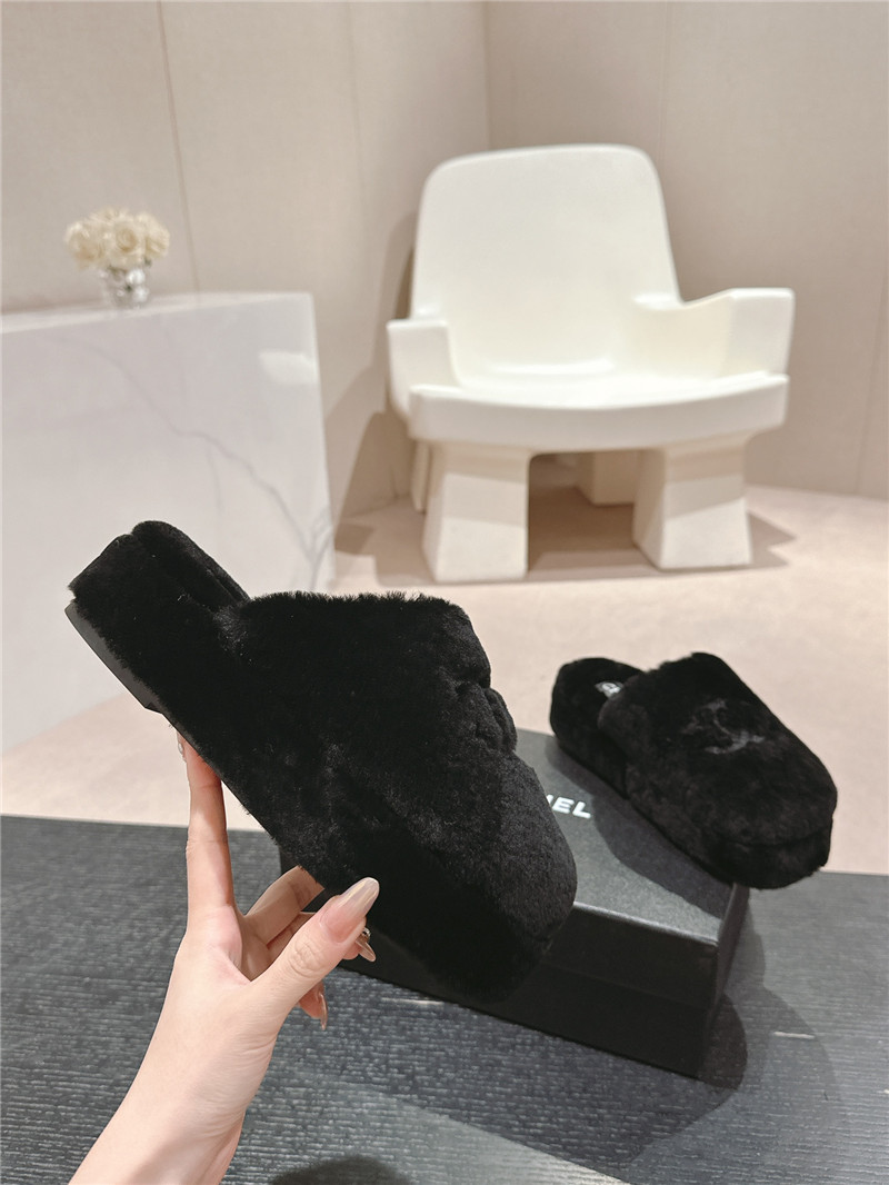 Ch**el embroidered black fur flat platform mules