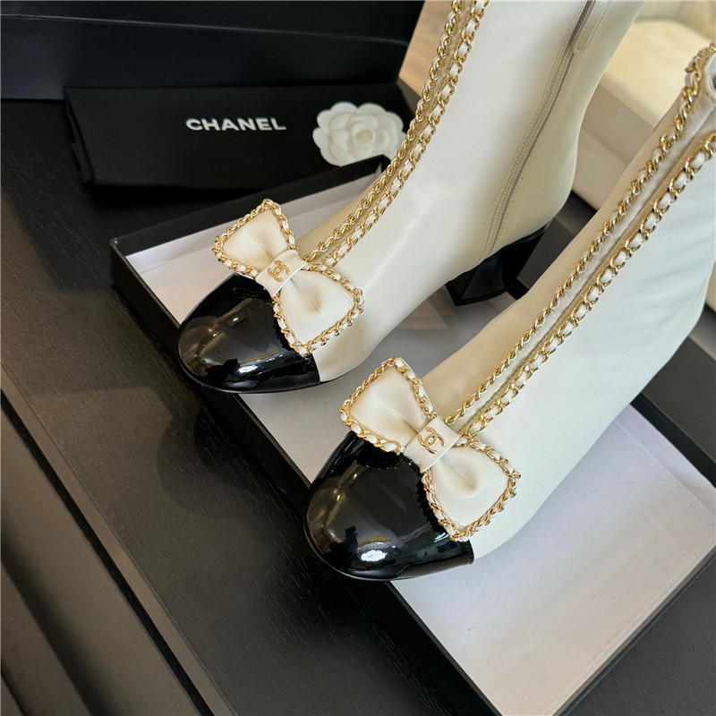Ch**el white calfskin bow patent leather ankle boots
