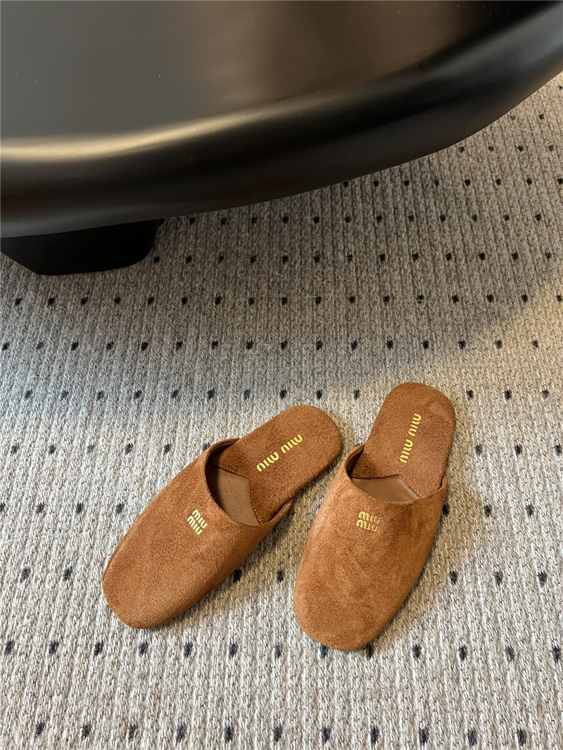 Miu Miu Camel Suede Slippers with Embossed Logo
