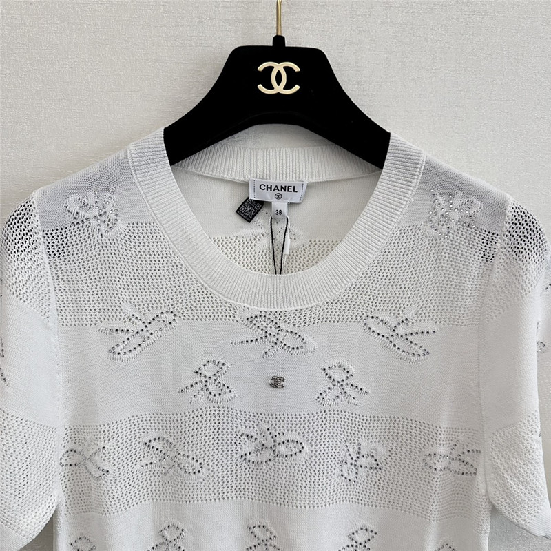 Ch**el bow rhinestone short sleeve replica designer clothes