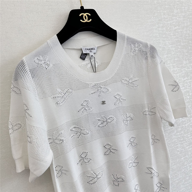Ch**el bow rhinestone short sleeve replica designer clothes