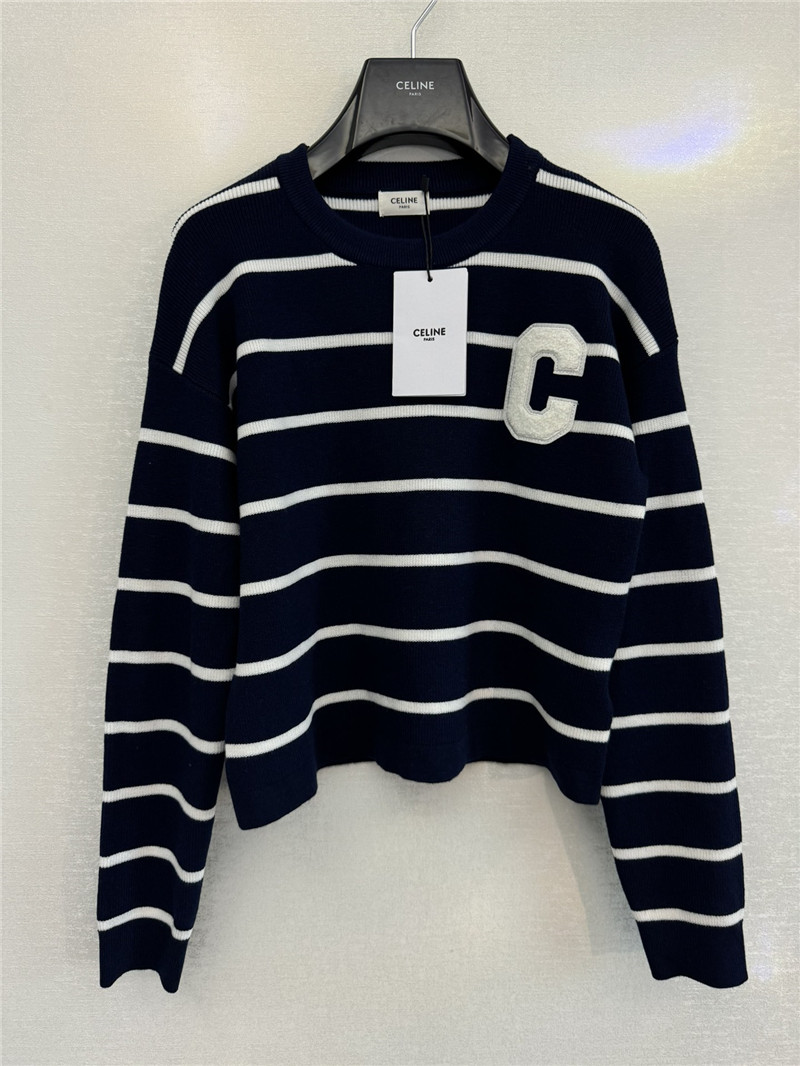 Ce1i*e navy blue white striped cropped sweater