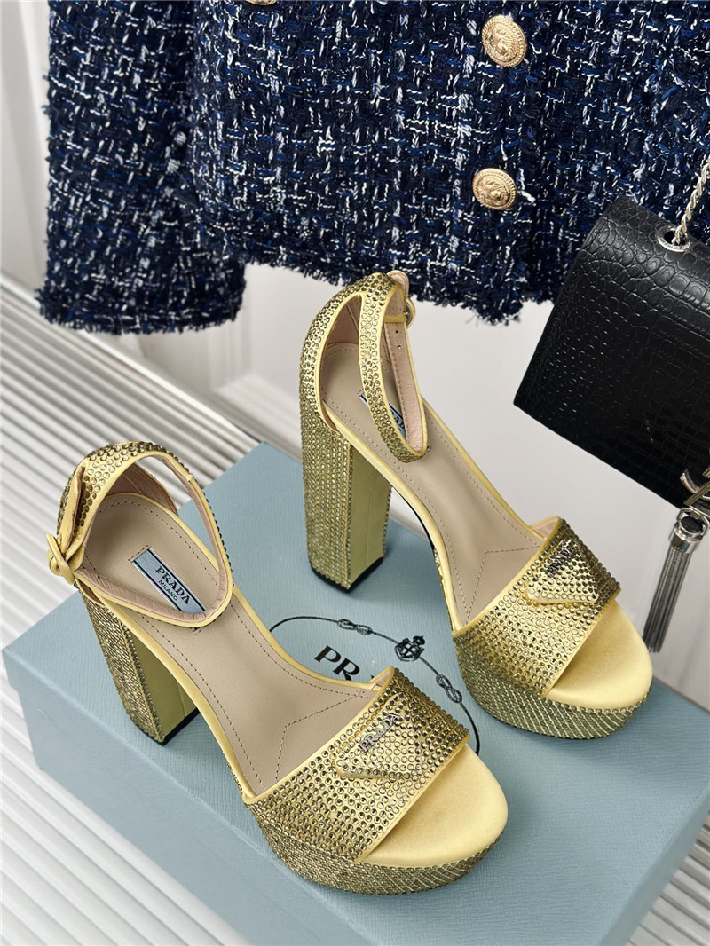 Pra*a gold satin platform sandals with crystal