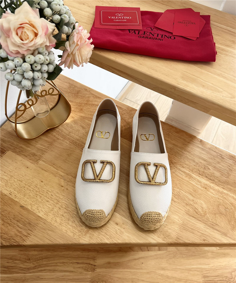 Va1e*ntin0 vlogo calfskin raffia espadrilles gold and  white
