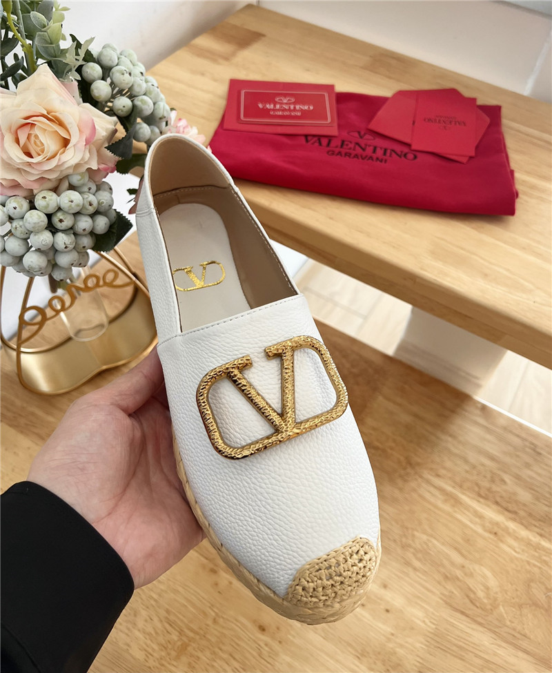 Va1e*ntin0 vlogo calfskin raffia espadrilles gold and  white