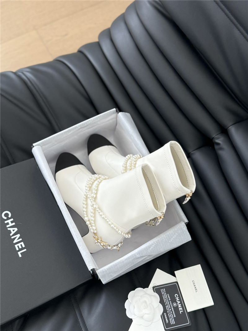 Ch**el white calfskin pearl ankle boots
